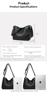 Detailed size and capacity comparison of a black PU leather crossbody bag with an iPad