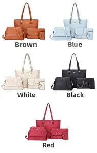 Detailed set of 4 pieces faux leather bags including tote and crossbody in five colors