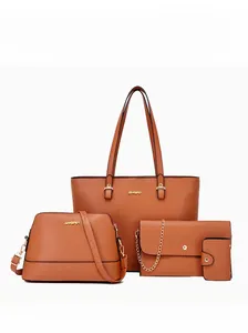 Front view of a 4-piece set of brown PU leather bags including a large tote and pouches
