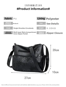Detail view of sunflower embossed PU leather bag showing multi-zipper layers and structure