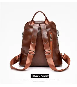 Back view of brown vintage leather backpack with adjustable straps and anti-theft zipper pocket