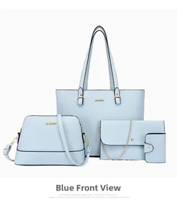 Detail view of 4-piece light blue tote bag set with golden hardware and textured finish