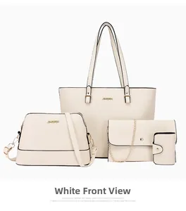 Front view of 4-piece white faux leather handbag set with tote, crossbody, and clutch bags