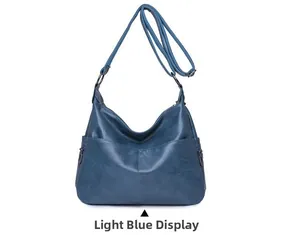 Detail of light blue crossbody bag featuring textured faux leather and zip side pockets
