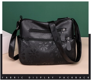 Detail of sunflower embossed leather pattern on black shoulder bag with metal zippers