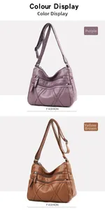 Detail of soft PU leather crossbody bags with multi-zipper design in purple and tan colors