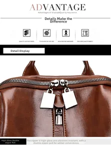 Close-up of premium brown leather backpack with high-gloss finish and dual metal zippers