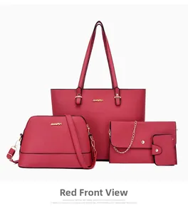 Detailed set of four red cross-pattern PU leather bags with gold hardware accents