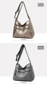 Close-up of lightweight multi-pocket PU leather crossbody bag in bronze and grey