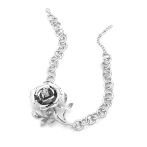 Elegant 3D rose pendant necklace in silver metal with textured petals and leafy stem