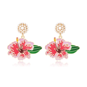 Boucles D'Oreilles Pendantes Fleur D'Hibiscus Émail Alliage Imitation Künstliche Perle Tropical Été Vacances Bijoux Femmes