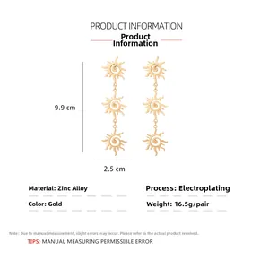 Detailed size specifications for gold sun spiral drop earrings with 9.9cm length