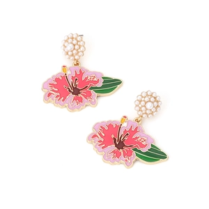 Boucles d'oreilles fleur d'hibiscus avec perles et motif floral émaillé tropical