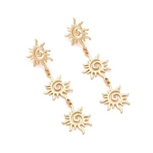 Long gold multi-layer sun earrings with vintage bohemian spiral flower design
