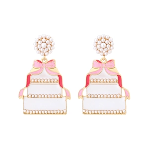Chic enamel pearl cake dangle earrings with pink ribbon and gold-plated details