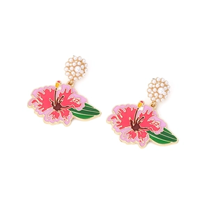 Boucles d'oreilles longues en alliage avec fleurs d'hibiscus et perles nacrées