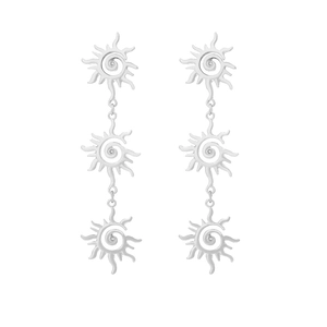 Three-tier layered silver sun-shaped drop earrings with vintage metallic sunburst design