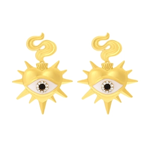 Fashionable golden heart evil eye drop earrings with sparkling rhinestones and white enamel