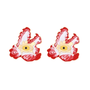 Golden evil eye stud earrings with vibrant red and white marble enamel detailing
