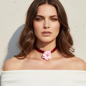 Pink Enamel Flower Alloy Ribbon Choker Necklace Retro Pleated Sweet Style For Women