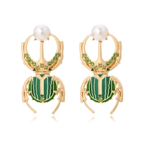 Boucles D'oreilles Scarabée Vintage En Émail Vert Avec Alliage Doré Et Künstliche Perles Blanches Pour Femme Mode