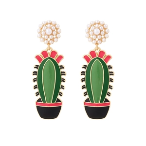 Boucles d'oreilles pendantes cactus avec perles blanches et fleurs en émail vert