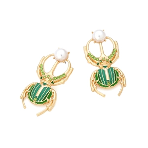 Boucles d'oreilles scarabée rétro avec émail vert, cristaux et perles pour femmes
