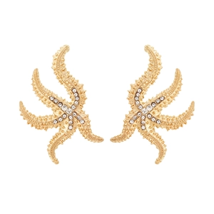 Elegant gold starfish earrings featuring double rows of clear sparkling crystals on a white base