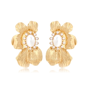 Luxus Gold Blume Ohrhänger Mit Künstliche Perlenimitat Legierung Hammerschlag-Textur Barock Floral Ohrringe Für Hochzeit Party Damen Schmuck