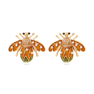 Vintage Bee Shape Stud Earrings Alloy Enamel Faux Artificial Pearl Insect Jewelry Gift For Women