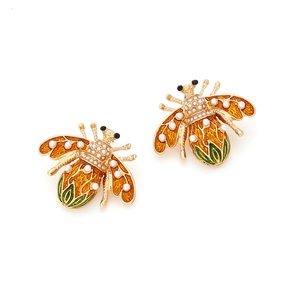 Cute bee stud earrings with gold plating, orange enamel wings and white pearl inlay