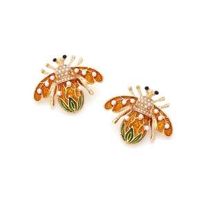 Vintage gold bee earrings with orange enamel wings and white faux pearl accents