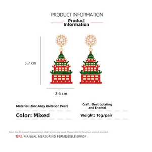 Detail view of multi-layer tower drop earrings with faux pearls and colorful enamel