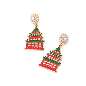 Colorful pagoda drop earrings with pearl flower studs and Chinese style enamel design