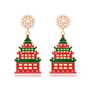Pagoda Drop Earrings Zinc Alloy Enamel Faux Artificial Pearl Chinese Style Vintage Oriental Ethnic For Women