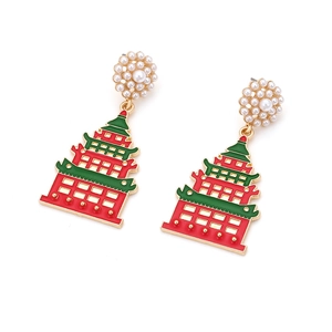 Chinese palace tower drop earrings with red enamel and clusters of white imitation pearls