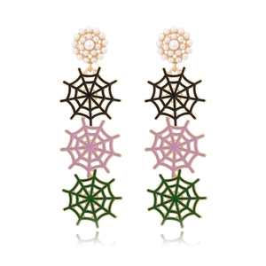 Halloween Toile D Araignée Longues Boucles D Oreilles Pendantes Alliage Avec Faux Künstliche Perle Émail Coloré Bijoux Gothiques Pour Femmes