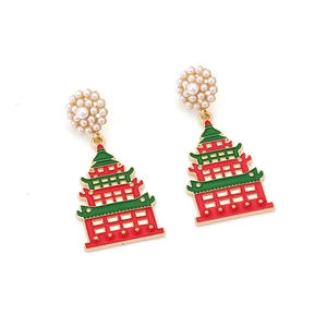 Colorful pagoda drop earrings with faux pearls and gold-plated enamel detailing