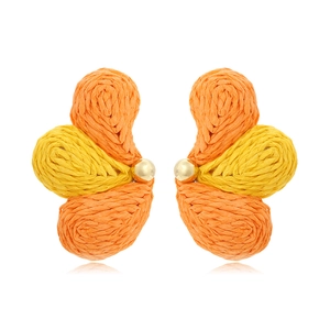 Handwoven orange and yellow raffia butterfly earrings with a polished gold bead accent