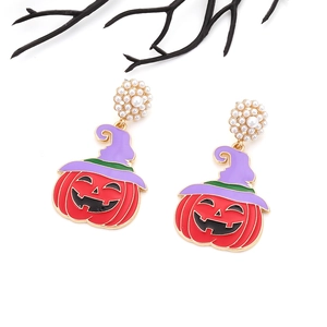 Σκουλαρίκια κολοκύθα Halloween με πέρλες και μωβ καπέλο μάγου για γυναίκες