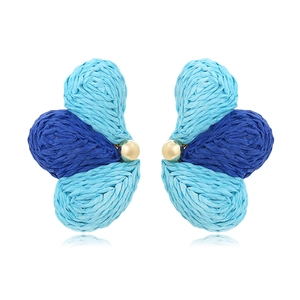 Handwoven raffia fan-shaped flower earrings with blue gradient and golden beads detail