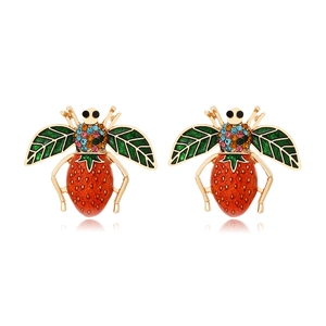 Bee Strawberry Stud Earrings Alloy Enamel Multicolored Rhinestones Cute Cartoon Insect Jewelry For Women Girls Novelty