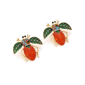 Cute colorful bee stud earrings with crystal wings and red strawberry belly design
