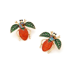 Cute strawberry honey bee earrings with colorful crystals and red enamel on gold alloy