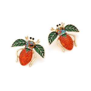 Colorful bumblebee strawberry earrings with rhinestones and green enamel on gold base
