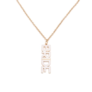 Golden vertical BRIDE pendant necklace with white enamel inlay and delicate gold curb chain