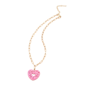 Pink heart donut pendant necklace with gold chunky chain and colorful enamel details
