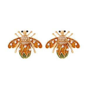 Cute bumblebee stud earrings with yellow enamel, gold plating and pearl accents for women