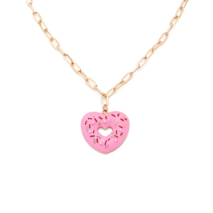 Golden heart donut necklace with pink enamel and pearl accents on white background