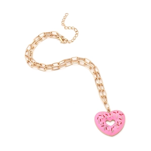 Golden double-layer chain necklace with a pink enamel heart donut pendant on white background